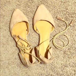 Nude suede ballerina lace up flats